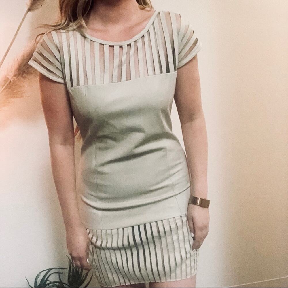 VINTAGE Cream Tan Leather Mesh Panel Cutout Sheath Mini Shift Drop Waist Dress